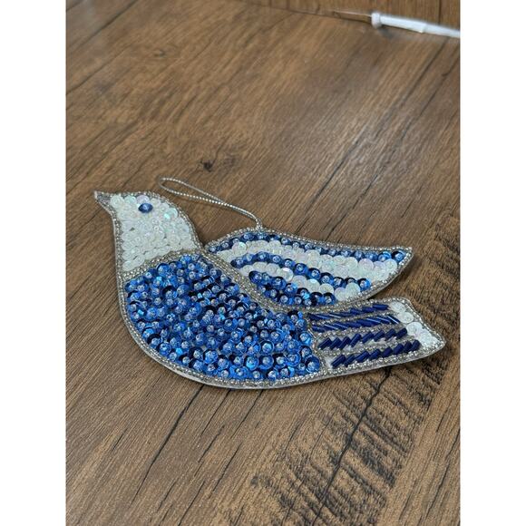 Avon Christmas Ornament Sequin Beaded Dove White Blue Silver - Picture 1 of 3